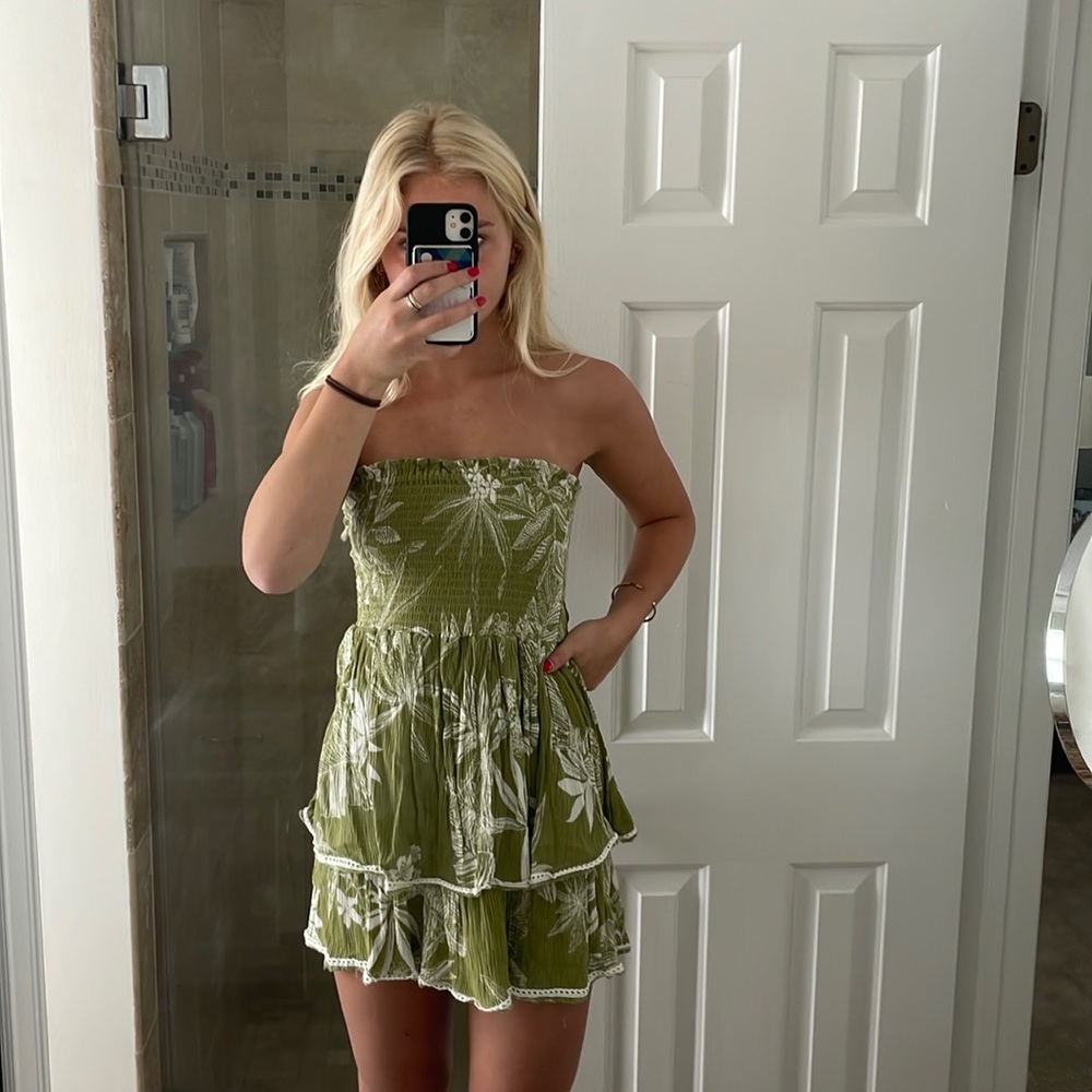 Green Floral Strapless dress